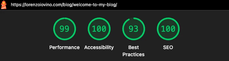 Lighthouse scores: 99 Performance, 100 Accessibility, 93 Best Practices, 100 SEO